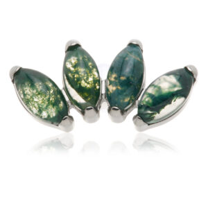 A close up photo of the Ti Internal Moss Agate Marquise Gem Cluster Attachment
