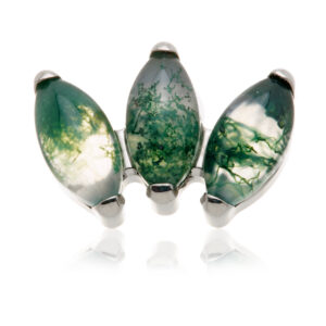A close up photo of the Ti Internal Triple Marquise Attachment with Moss Agate Stone